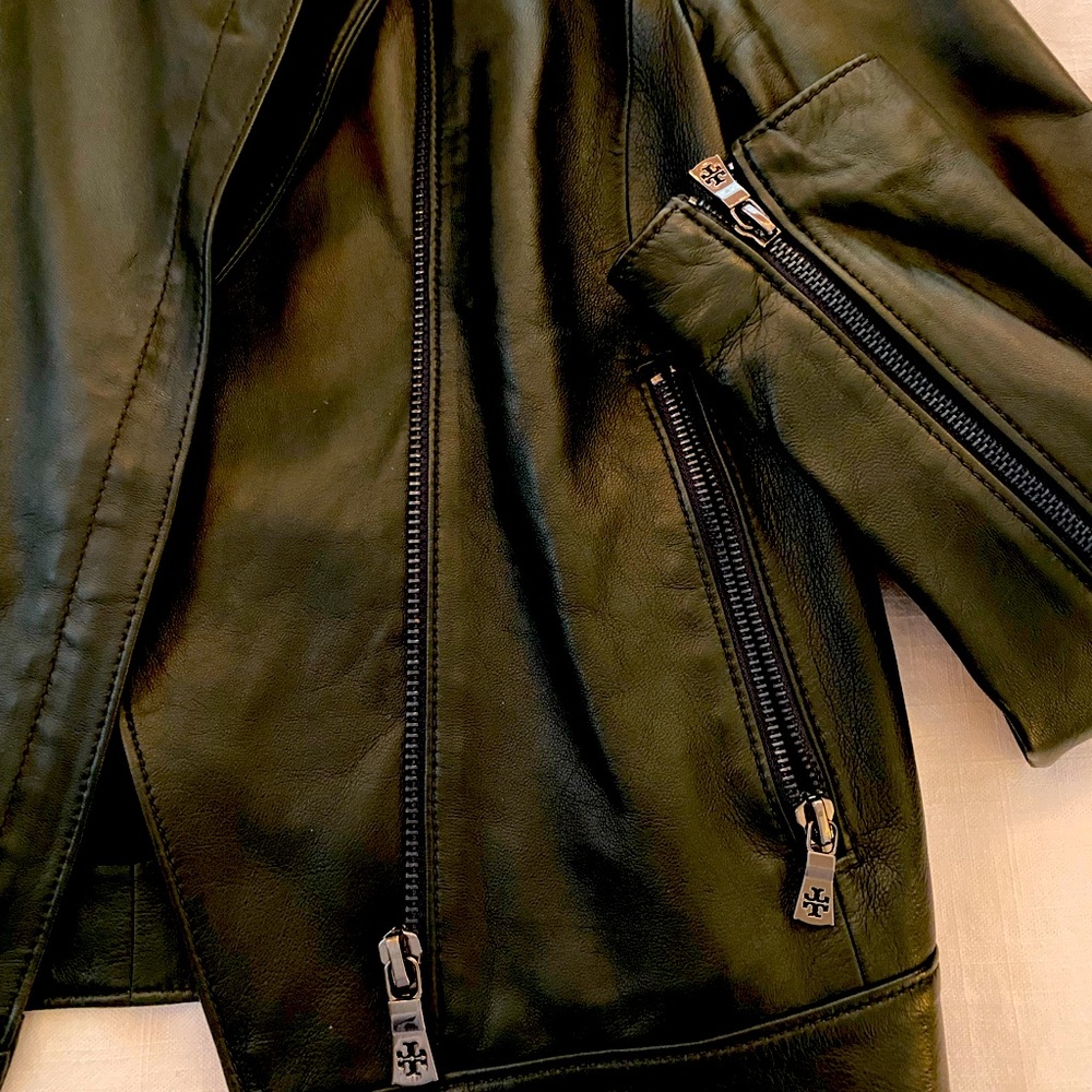 Tory Burch green leather jacket